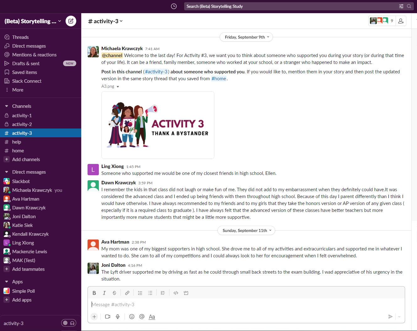 A screenshot of the beta Slack workspace in question, showing a collection of messages. Three of the nine group members share the same last name as Michaela (coincidence??).